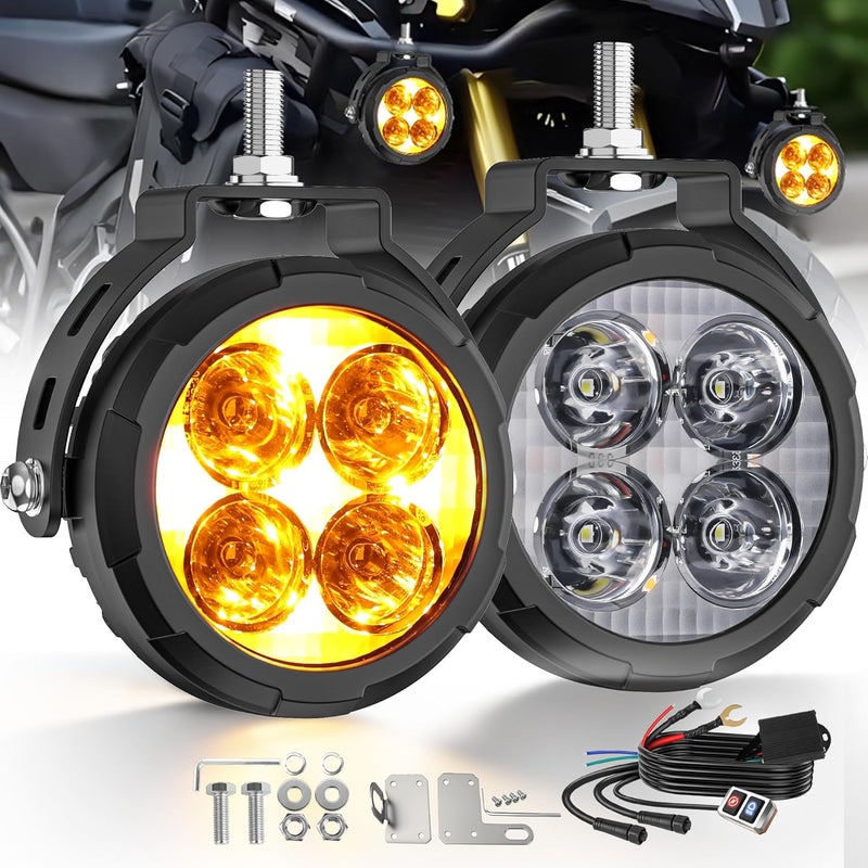 Jumpdy 3.5 Inch LED motorcycle auxiliary headlight Amber/white two-tone LED fog lights with 9 modes Includes wiring harness and bracket Compatible for motorcycles, SUV, Truck, ATV - Image 1